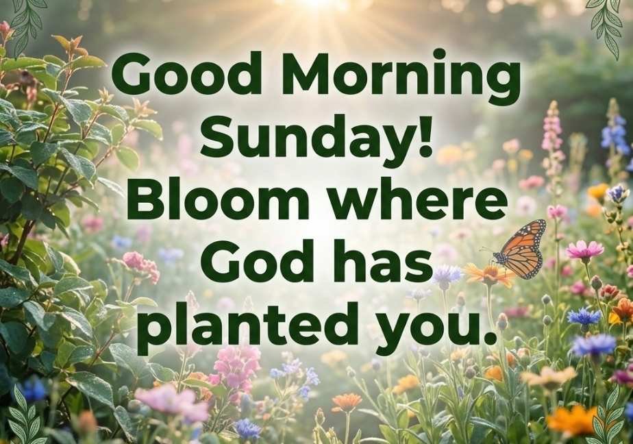 "A vibrant garden background filled with blooming wildflowers, green leaves, and a butterfly under morning sunlight. Centered in bold forest-green text is 'Good Morning Sunday! Bloom where God has planted you.' with 'tastimer.com' printed at the bottom."