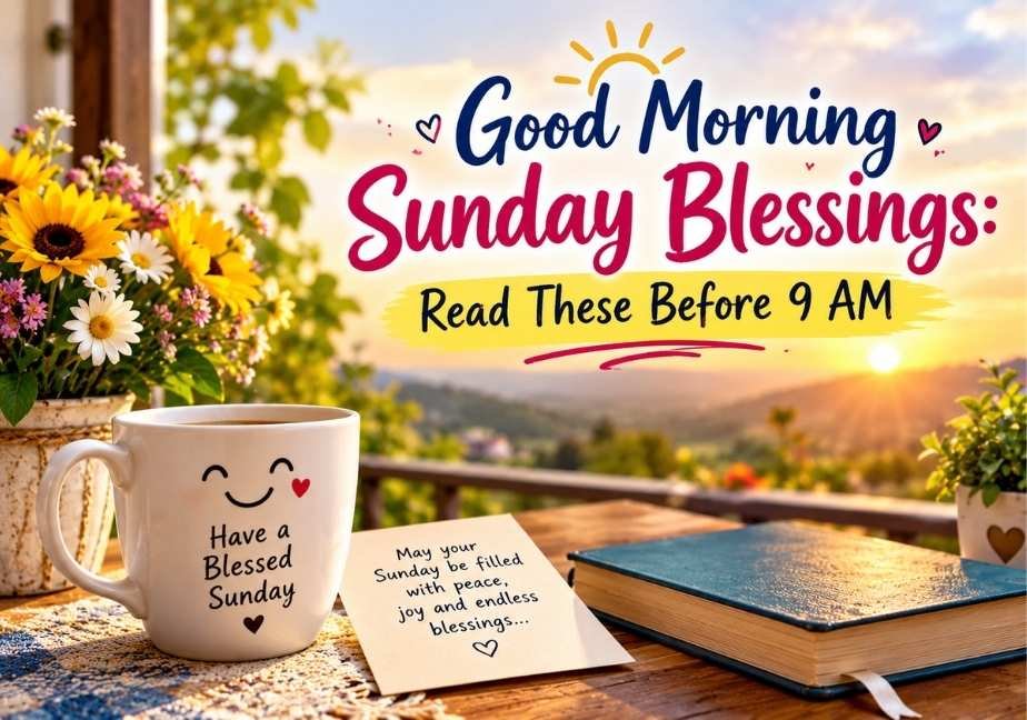 "A bright outdoor morning scene set on a wooden porch overlooking scenic rolling hills at sunrise. On the table sits a white coffee mug printed with a smiling face graphic and the words 'Have a Blessed Sunday'. Next to it lies a note reading 'May your Sunday be filled with peace, joy and endless blessings...', alongside a blue book and a vase of yellow sunflowers and daisies. Bright graphic text overlay in the sky reads 'Good Morning Sunday Blessings:' with a yellow highlight banner underneath that says 'Read These Before 9 AM'."