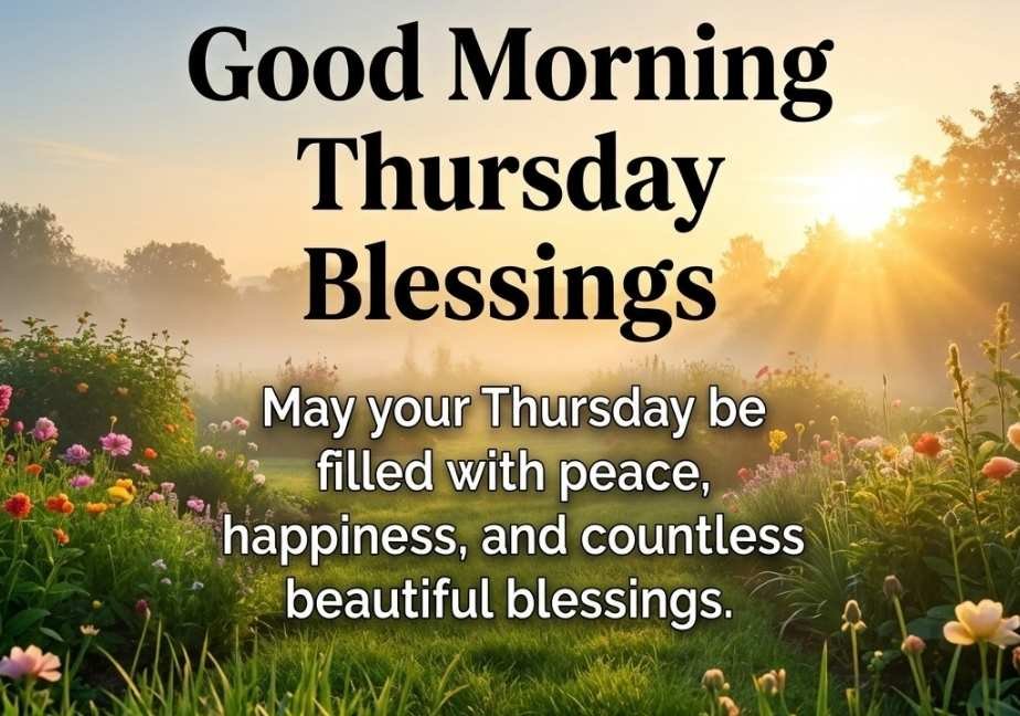 Good Morning Thursday Blessings greeting card featuring a sunlit flower garden at sunrise.