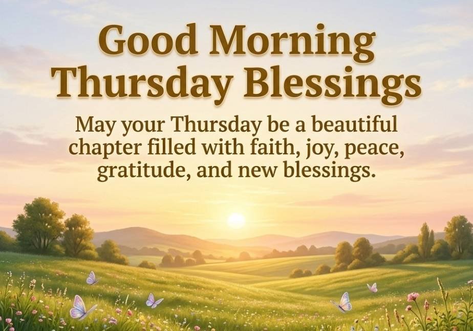 Thursday blessing card featuring a vast green meadow filled with wildflowers at sunrise.