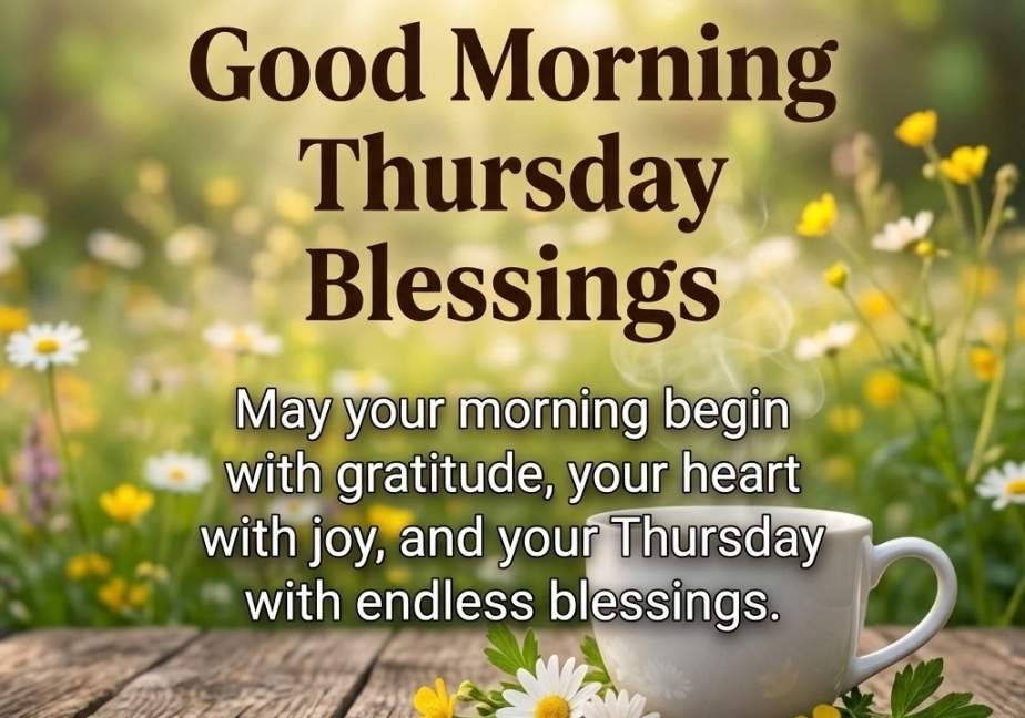 Good Morning Thursday image with a coffee cup on a wooden table among daisies.