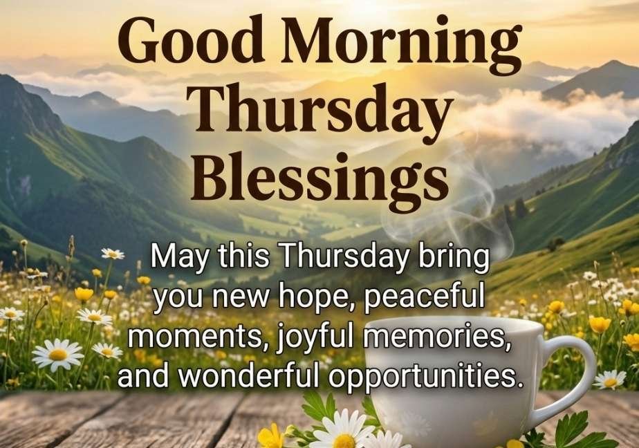 Thursday blessings greeting card featuring green mountains under a golden sunrise.
