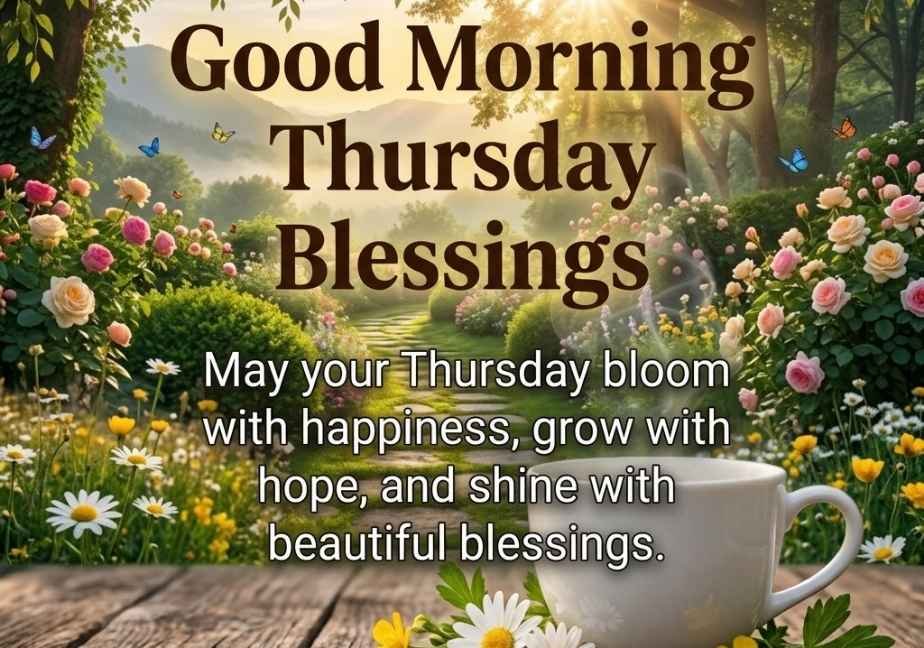 Good Morning Thursday card with a flower-lined garden path and morning sunlight.