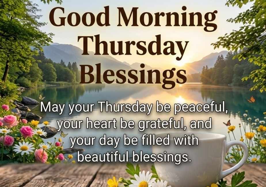 Thursday blessing card showing a serene lake surrounded by trees and flowers at sunrise.