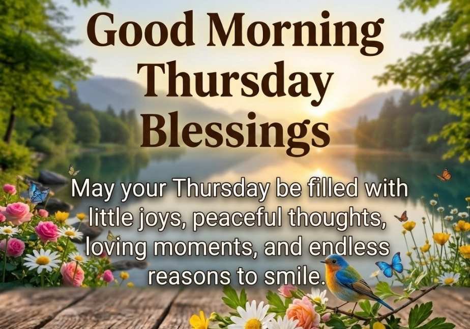 Cute Good Morning Thursday image featuring a colorful bird on a branch with flowers.