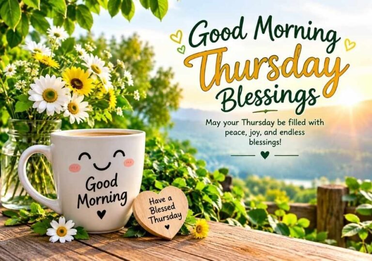 Good Morning Thursday Blessings graphic featuring a smiling mug and fresh daisies overlooking scenic hills.