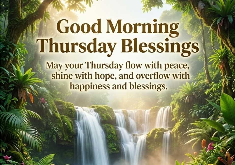 Thursday blessings greeting card with a lush forest waterfall and morning light