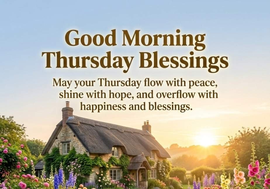 Good Morning Thursday card showing a cozy countryside cottage surrounded by a flower garden