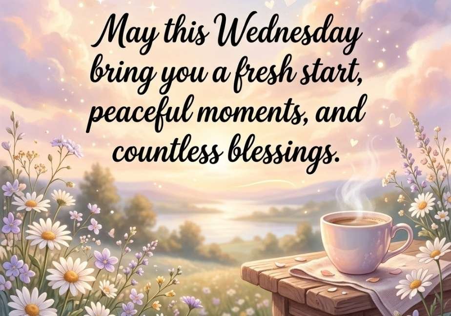 A square greeting image featuring a cozy morning scene at sunrise with a steaming pastel coffee cup on a wooden table, framed by white daisies and lavender flowers. The soft background displays pastel-colored clouds and golden sunlight, with central calligraphy reading, "May this Wednesday bring you a fresh start, peaceful moments, and countless blessings."