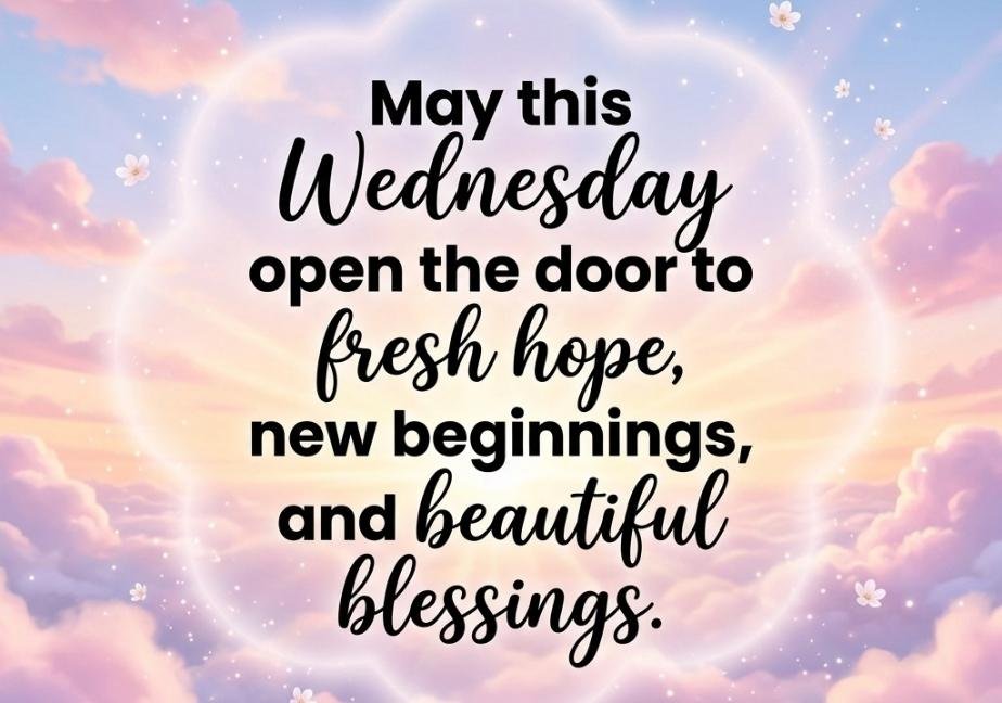 A square morning blessing graphic with a glowing translucent cloud frame set against a pastel blue, pink, and lavender sky with gentle sun rays and floating white petals. Inside the center glow, bold typography reads, "May this Wednesday open the door to fresh hope, new beginnings, and beautiful blessings."