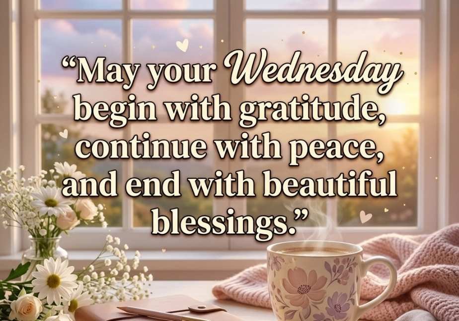 A square lifestyle graphic of a serene morning viewed through a window, showing soft sunlight streaming over a coffee mug, open journal, pink knit blanket, and white flowers. In the center, clear prominent text states, "May your Wednesday begin with gratitude, continue with peace, and end with beautiful blessings."