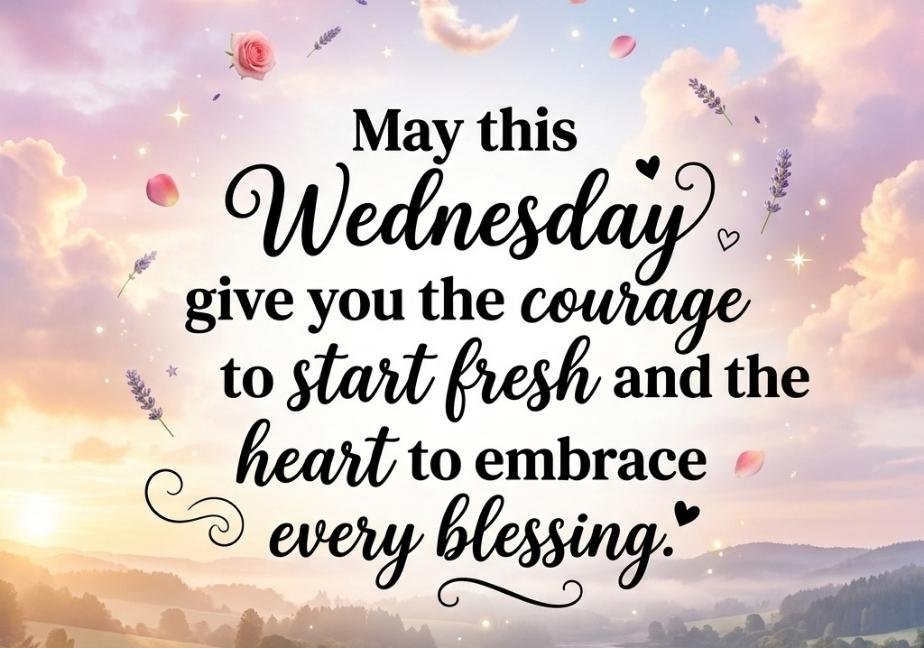 A square dreamy sunrise landscape with soft pink and cream clouds, a crescent moon, scattered flower petals, and glowing stars over a distant lake and hills. Centered text reads, "May this Wednesday give you the courage to start fresh and the heart to embrace every blessing."
