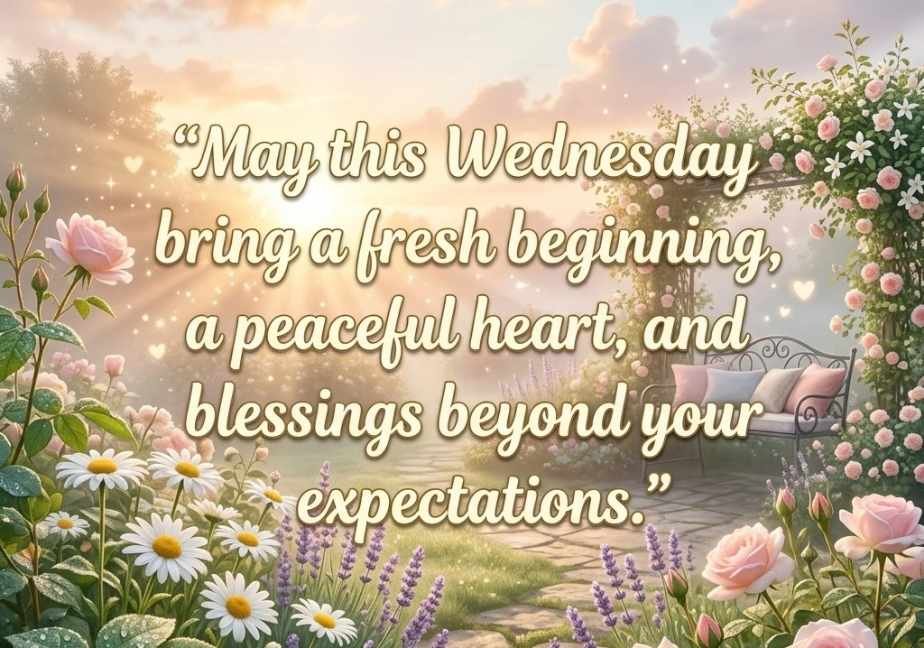 A square pastel floral graphic with a lush border of white daisies, blush pink roses, and lavender along the bottom, illuminated by a glowing sunrise behind soft clouds. Centered bold typography reads, "May this Wednesday give you a fresh start, a peaceful soul, and many reasons to smile.