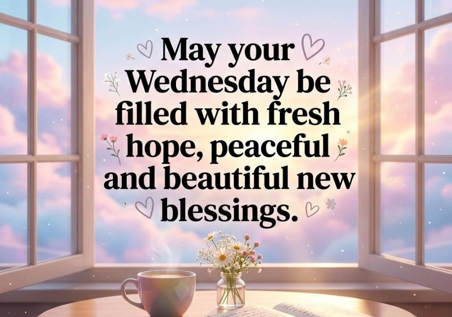 A square indoor window scene featuring a round table with a pastel mug, small floral vase, and open book bathed in golden sunrise light. Bold, central text says, "May your Wednesday be filled with fresh hope, peaceful thoughts, and beautiful new blessings."