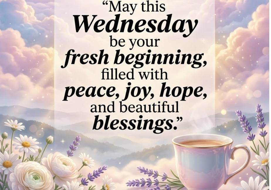 A square luxury greeting graphic with a soft, translucent center panel set against dreamy pastel clouds, mountain silhouettes, white flowers, lavender, and a ceramic coffee mug. Inside the panel, typography reads, "May this Wednesday be your fresh beginning, filled with peace, joy, hope, and beautiful blessings."