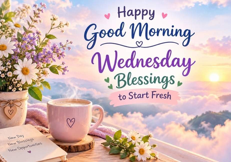A horizontal greeting graphic set against a sunrise view above soft clouds and mountains. In the foreground on a wooden ledge sits a steaming pink ceramic coffee mug with a heart icon, next to an open notebook reading "New Day, New Blessings, New Opportunities". On the left is a rustic vase with white daisies and lavender flowers. Centered calligraphic typography reads, "Happy Good Morning Wednesday Blessings to Start Fresh," accented with small decorative hearts.
