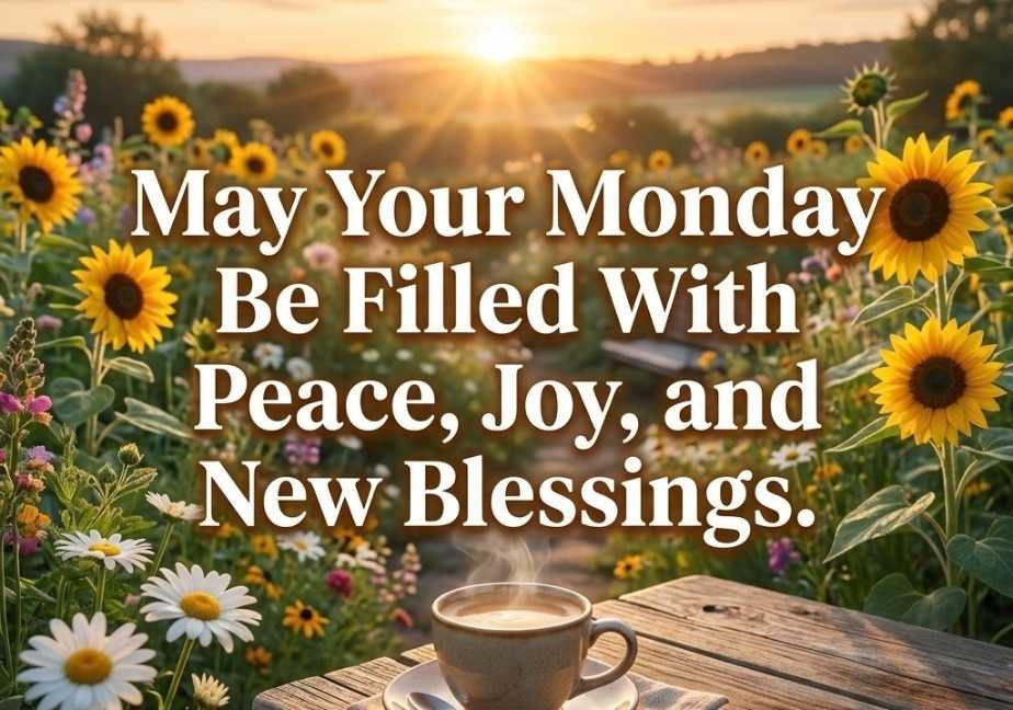 "A square social media graphic featuring bright yellow sunflowers, white daisies, and a steaming coffee mug on a wooden table in a blooming garden under a golden morning sunrise. Centered text reads: 'May Your Monday Be Filled With Peace, Joy, and New Blessings.'"