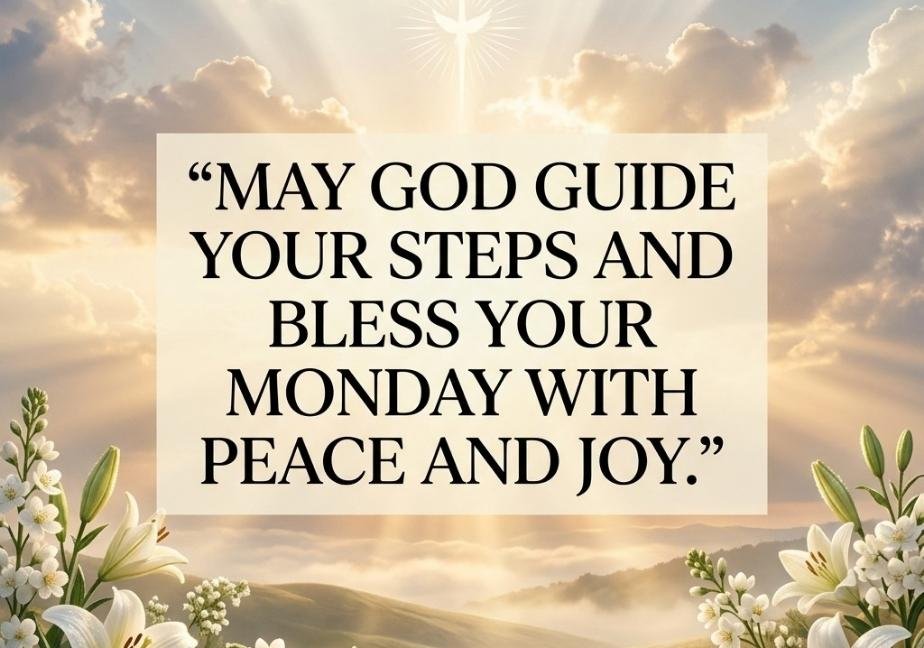 "An inspirational scene featuring soft cloud-filled skies with sunlight streaming through a glowing dove motif, framed by white lilies at the bottom. A central panel reads: 'MAY GOD GUIDE YOUR STEPS AND BLESS YOUR MONDAY WITH PEACE AND JOY.'"