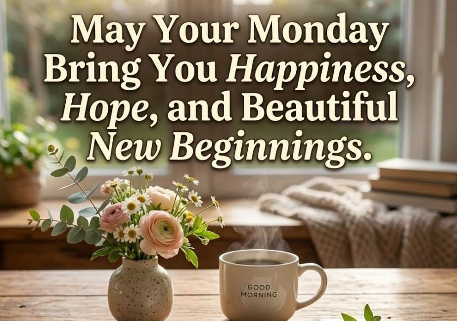 A cozy morning scene with a white ceramic mug, an open journal, and a small vase of pastel flowers on a rustic wooden table by a bright window. Top text reads: 'May Your Monday Bring You Happiness, Hope, and Beautiful New Beginnings.'