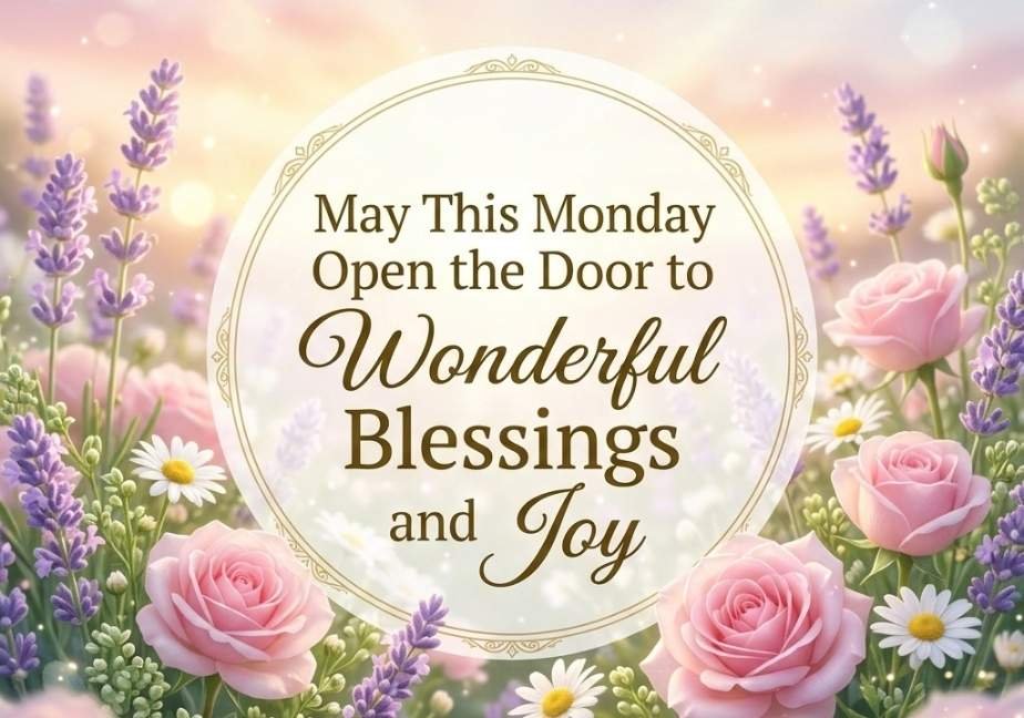"An elegant greeting card design surrounded by pink roses, lavender, and white daisies under a soft pastel sky with glowing light. A central round panel displays the text: 'May This Monday Open the Door to Wonderful Blessings and Joy.'"