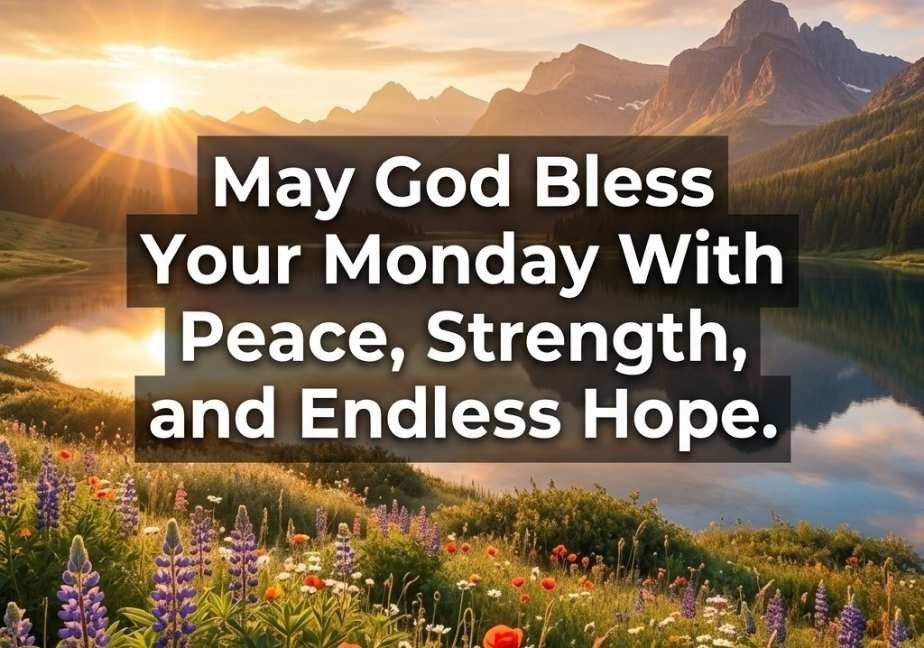 "A scenic outdoor view of golden sunrise rays shining over mountain peaks, a serene lake, and colorful wildflowers. Text on a subtle dark overlay reads: 'May God Bless Your Monday With Peace, Strength, and Endless Hope.'"