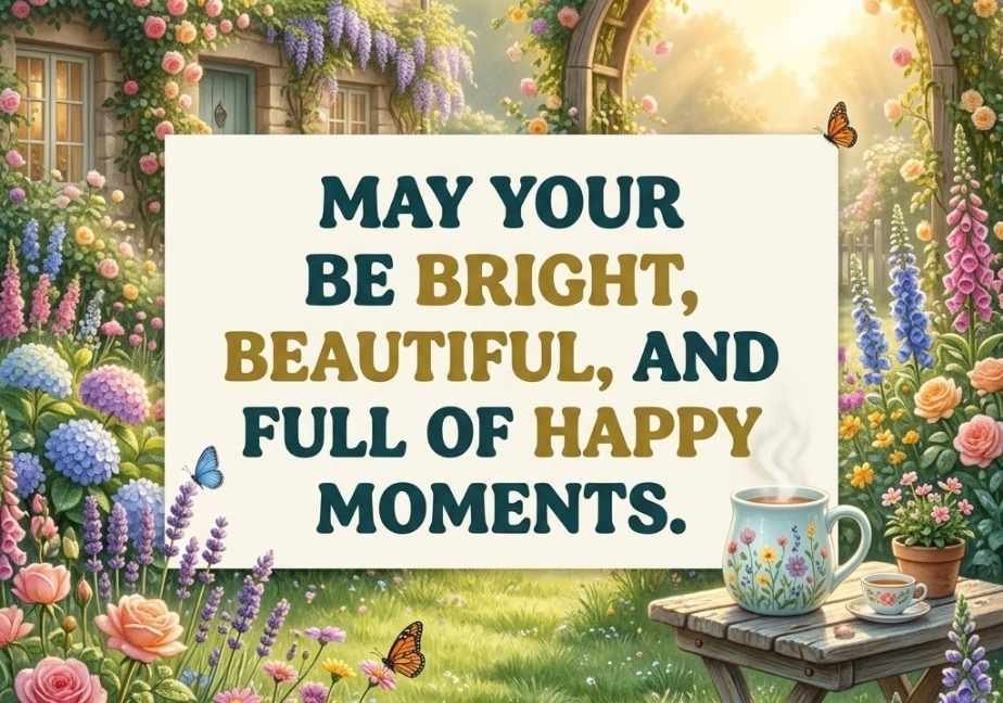 A charming cottage garden filled with colorful flowers, green grass, and butterflies beside a wooden garden table holding a floral mug. A large central panel displays the text: 'MAY YOUR BE BRIGHT, BEAUTIFUL, AND FULL OF HAPPY MOMENTS.'"