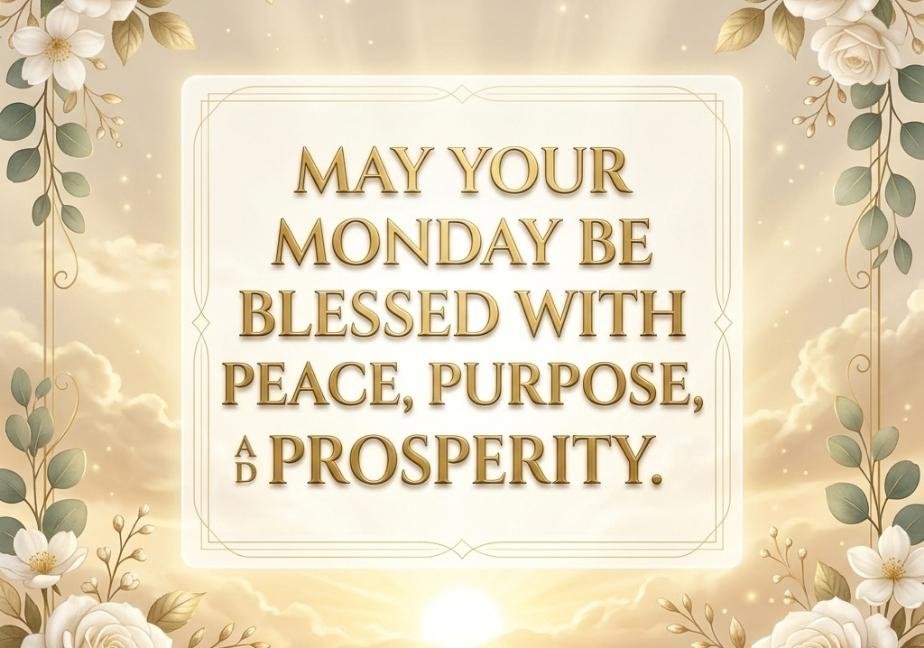 "A luxurious gold-toned graphic framed with white roses and botanical greenery, illuminated by a glowing golden sun behind a card panel reading: 'MAY YOUR MONDAY BE BLESSED WITH PEACE, PURPOSE, & PROSPERITY.'"