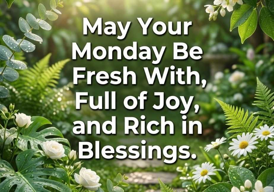 "A fresh, natural garden view with lush green leaves, delicate white jasmine and daisy flowers covered in dew drops under bright morning sunlight. Bold central white text reads: 'May Your Monday Be Fresh With, Full of Joy, and Rich in Blessings.'"