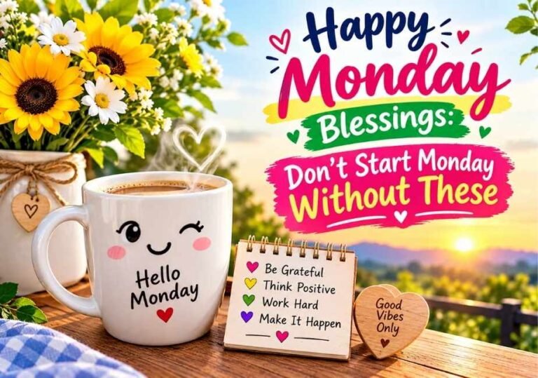 A cute white ceramic mug printed with a smiley face and "Hello Monday" alongside a small desk calendar listing "Be Grateful, Think Positive, Work Hard, Make It Happen" on a wooden table with sunflowers under a bright sunrise. Header text reads "Happy Monday Blessings: Don't Start Monday Without These"