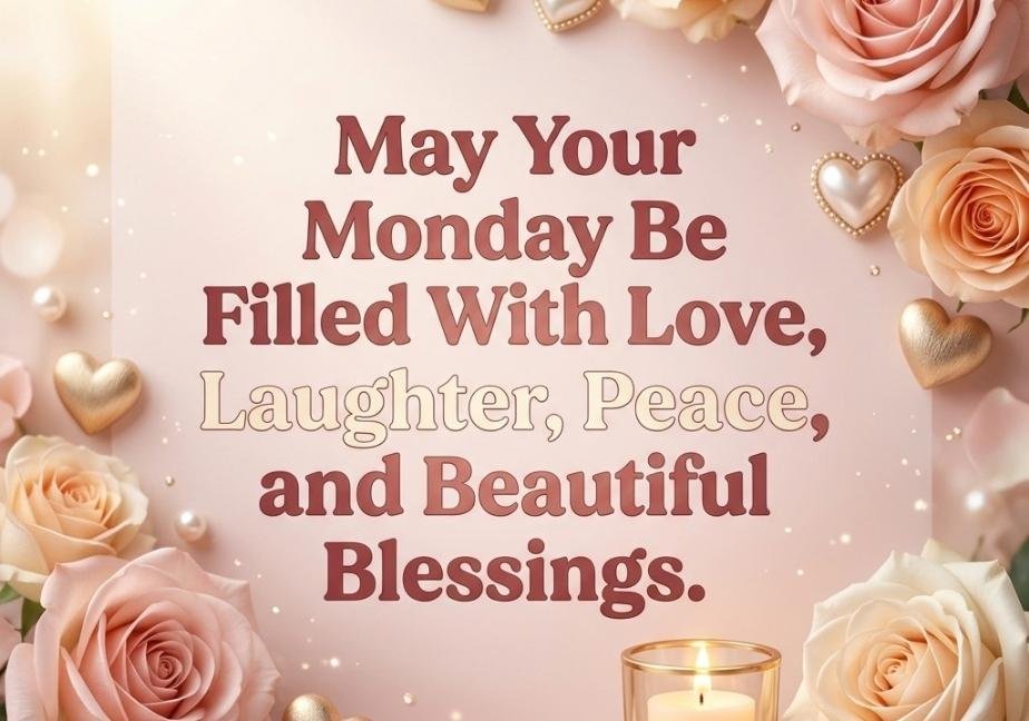 "A soft blush pink composition with elegant roses, floating golden hearts, and a small glowing candle in a glass holder. Centered text reads: 'May Your Monday Be Filled With Love, Laughter, Peace, and Beautiful Blessings.'"
