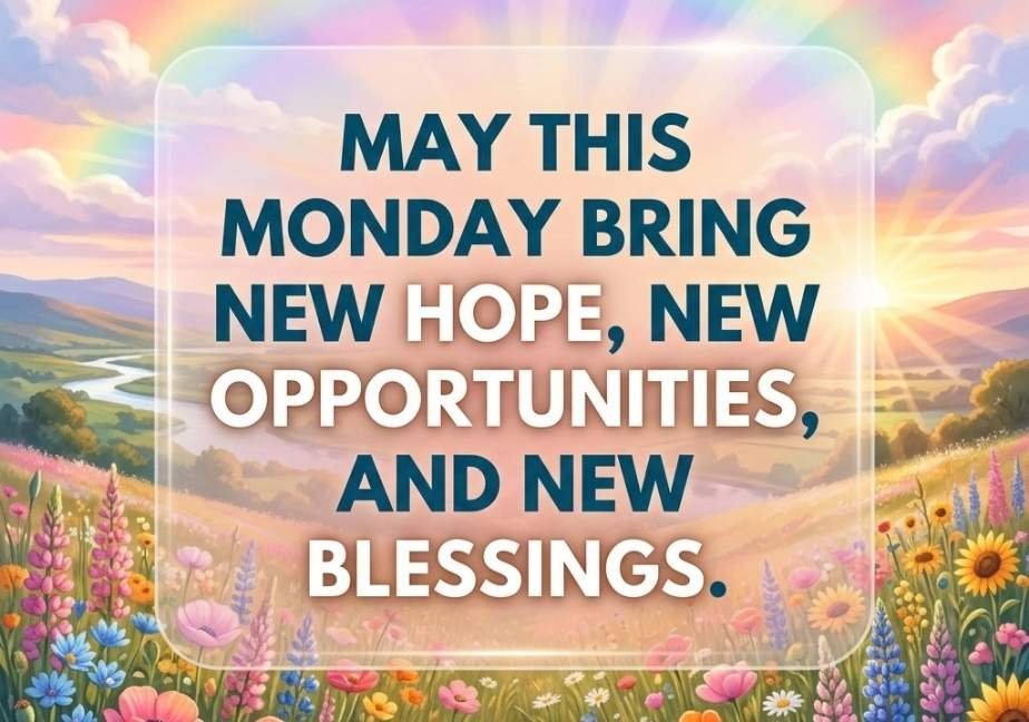 "A vibrant, uplifting landscape showing a colorful wildflower meadow under a pastel rainbow sky and bright sunbeams. Text inside a translucent central card reads: 'MAY THIS MONDAY BRING NEW HOPE, NEW OPPORTUNITIES, AND NEW BLESSINGS.'"