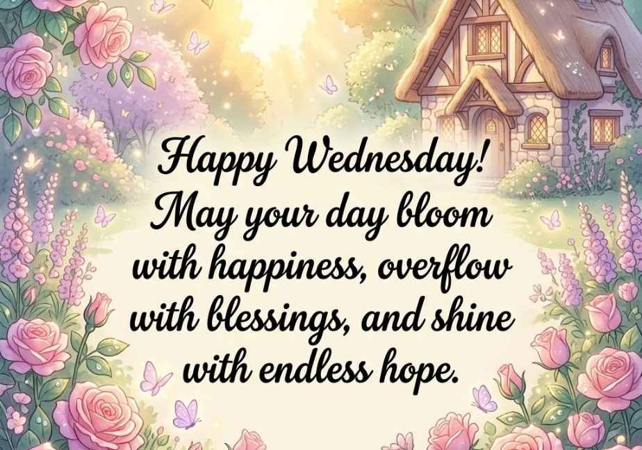 Fairytale cottage garden with pink roses and text reading "Happy Wednesday! May your day bloom with happiness, overflow with blessings, and shine with endless hope."
