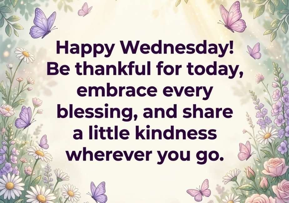 Lavender butterflies and floral border surrounding a "Happy Wednesday!" blessing