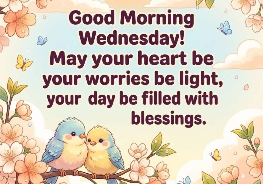 Two cute blue and yellow birds on a cherry blossom branch with a text blessing for a happy Wednesday.