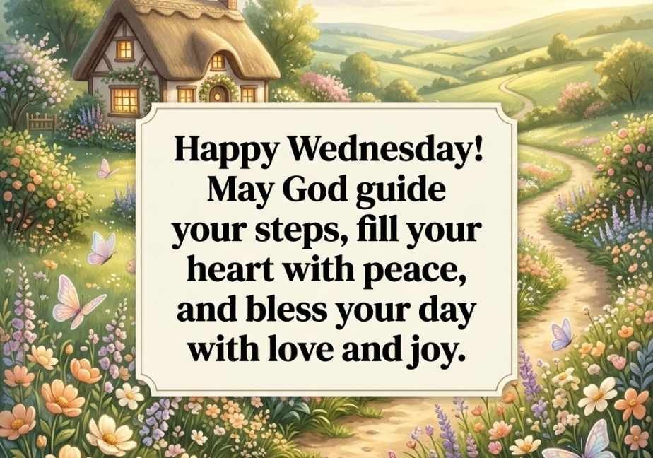 Fairytale cottage and garden with a central text panel reading "Happy Wednesday! May God guide your steps, fill your heart with peace, and bless your day with love and joy."