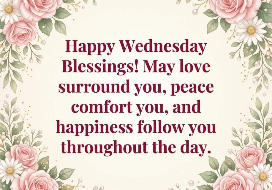 Elegant floral frame with pink roses and daisies surrounding a "Happy Wednesday Blessings" message