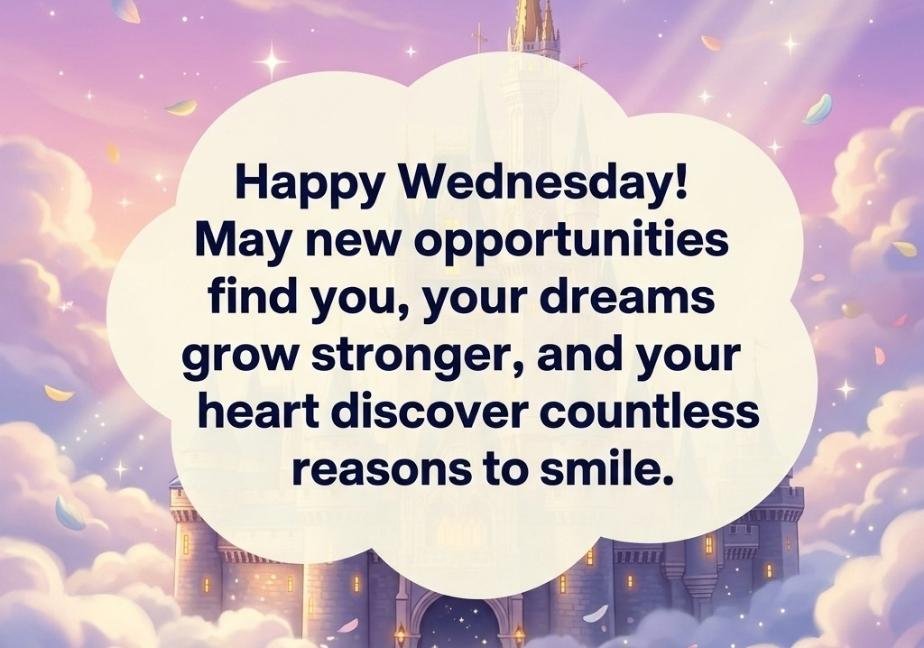 Dreamy castle above the clouds with a central cloud panel displaying a Wednesday blessing.