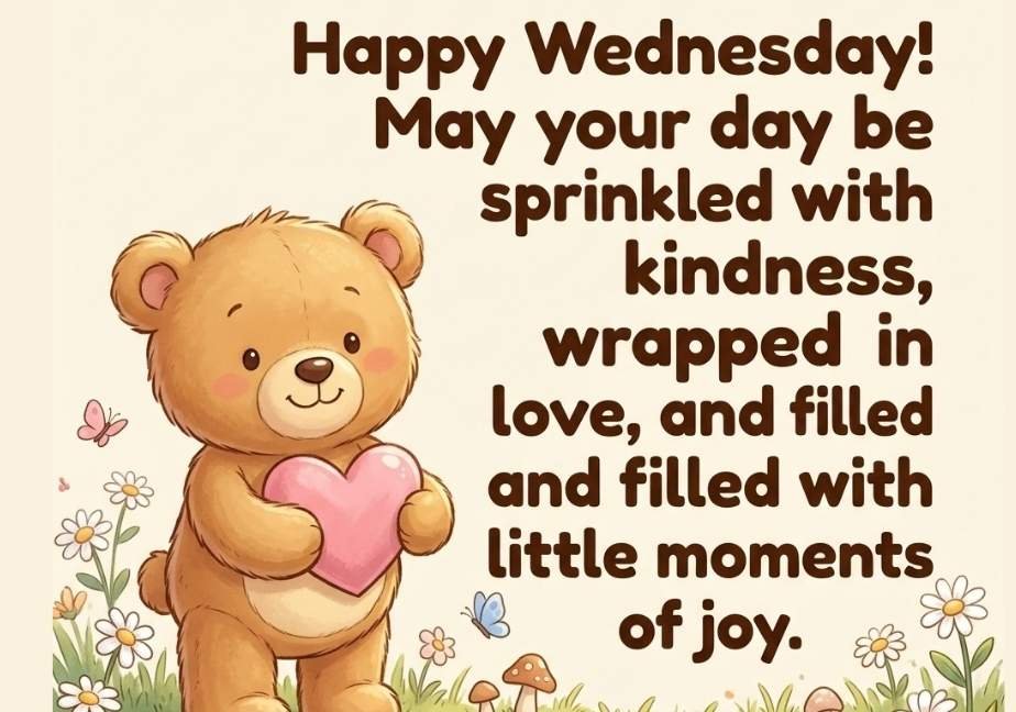 Cute teddy bear holding a pink heart in a daisy meadow next to Wednesday blessing text.