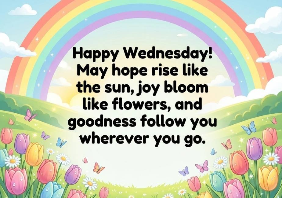 Colorful tulip meadow and rainbow framing a Wednesday blessing message.