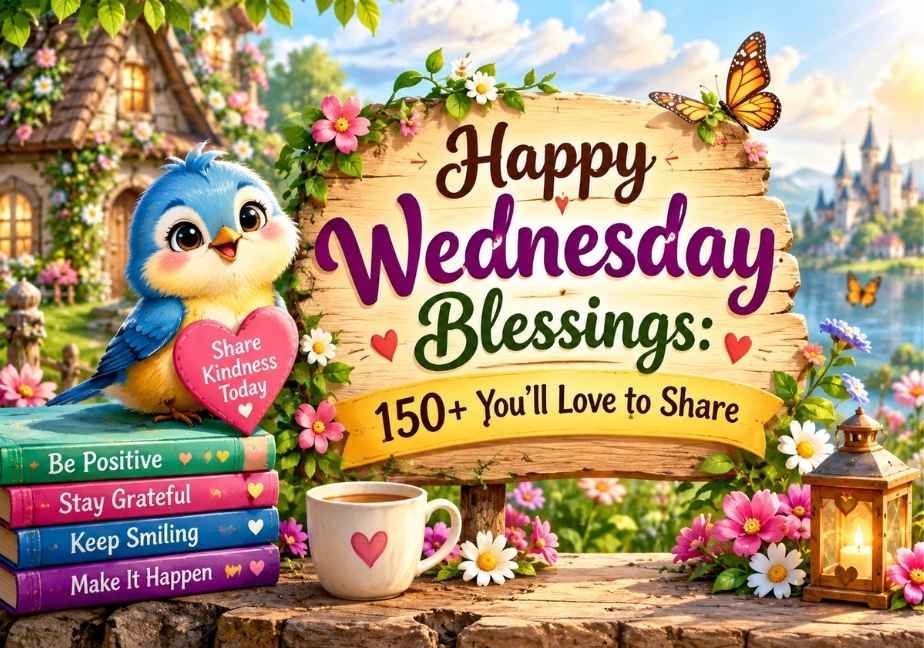 Fairytale landscape with a blue bird sitting on stacked colorful books next to a wooden sign that reads "Happy Wednesday Blessings: 150+ You'll Love to Share."