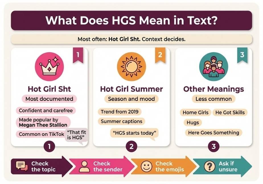 Flat design infographic titled "What Does HGS Mean in Text?" detailing three meanings of the slang term HGS across three columns: Hot Girl Sht, Hot Girl Summer, and Other Meanings.