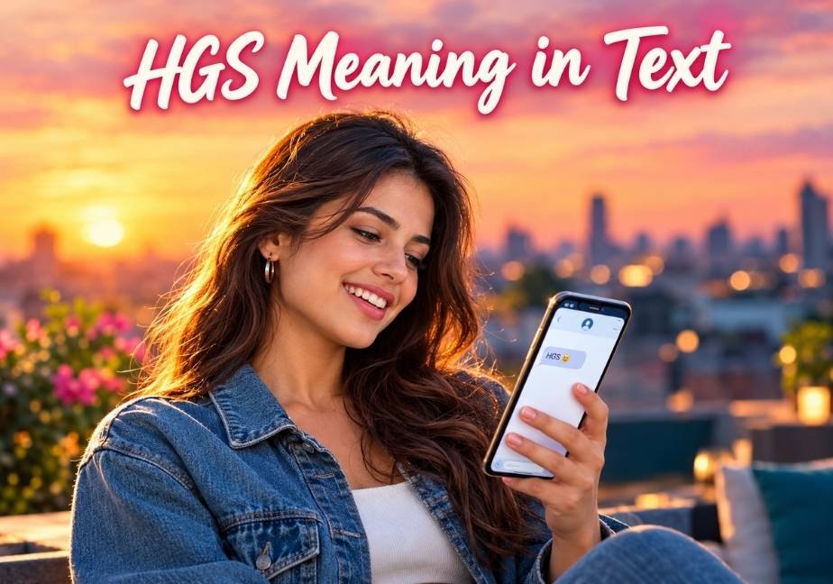 A young woman smiling at her phone during a golden hour sunset on a rooftop, with a text message reading "HGS 🙂" and bold title overlay "HGS Meaning in Text".