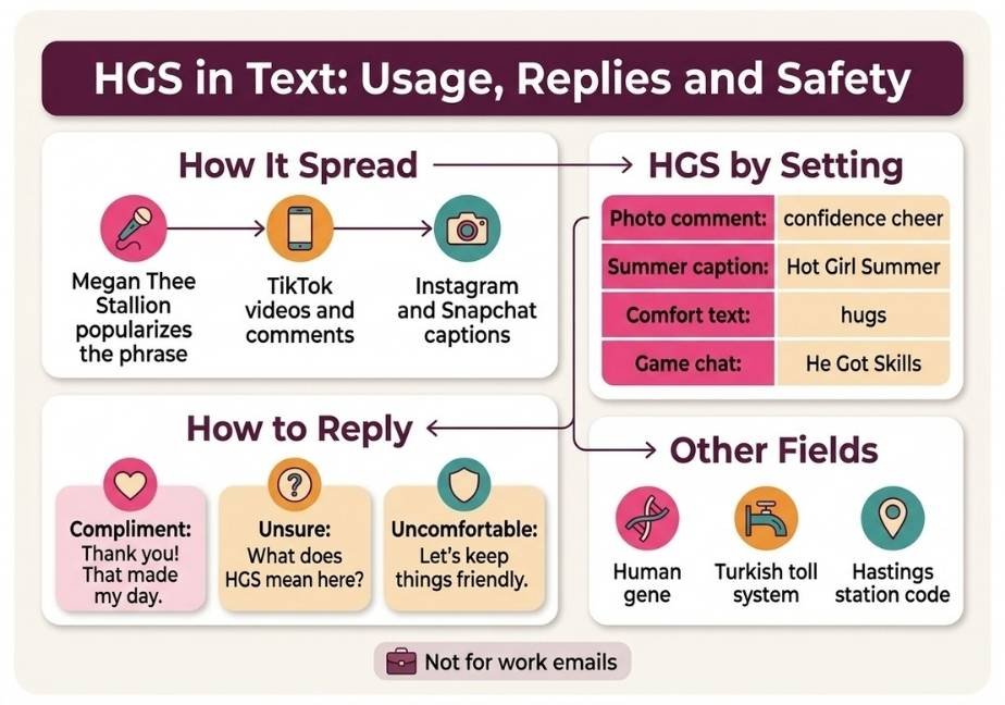 Flat design infographic titled "HGS in Text: Usage, Replies and Safety" divided into four panels: How It Spread timeline, HGS by Setting table, How to Reply cards, and Other Fields icons.