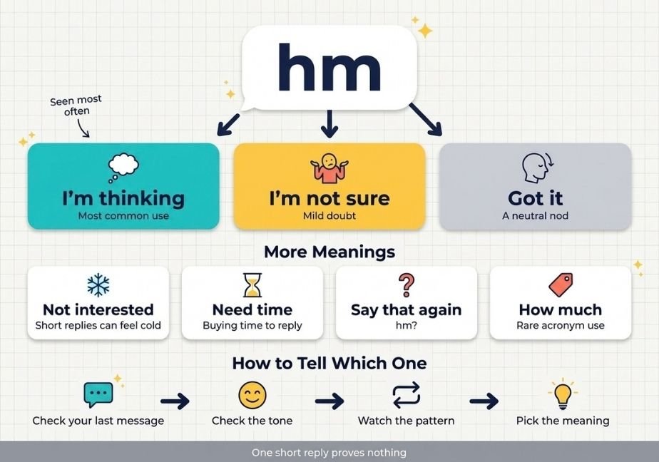 An educational flat-design infographic titled "What Does HM Mean in a Text?" breaking down its main interpretations ("I'm thinking", "I'm not sure", and "Got it"), secondary meanings, and a 4-step context guide.