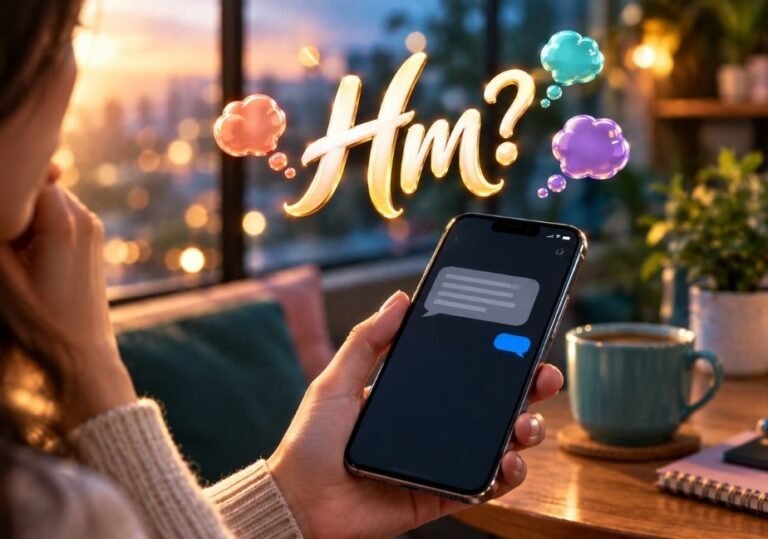 Young person holding a smartphone with a long grey message and short blue reply, beneath glowing “Hm?” calligraphy and colorful thought bubbles in a cozy café at dusk.