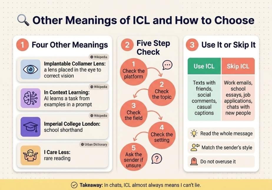 A flat design infographic titled "Other Meanings of ICL and How to Choose"