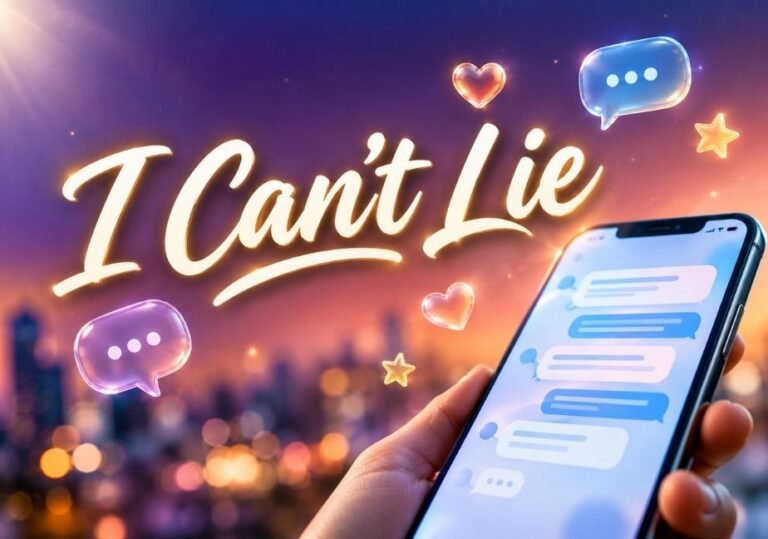 A vibrant, glowing digital illustration featuring a person holding a smartphone showing a messaging chat screen. Floating in bright, stylized cursive text above a twilight cityscape bokeh background are the words "I Can't Lie," surrounded by translucent 3D speech bubbles with ellipsis dots, glowing hearts, and twinkling stars.