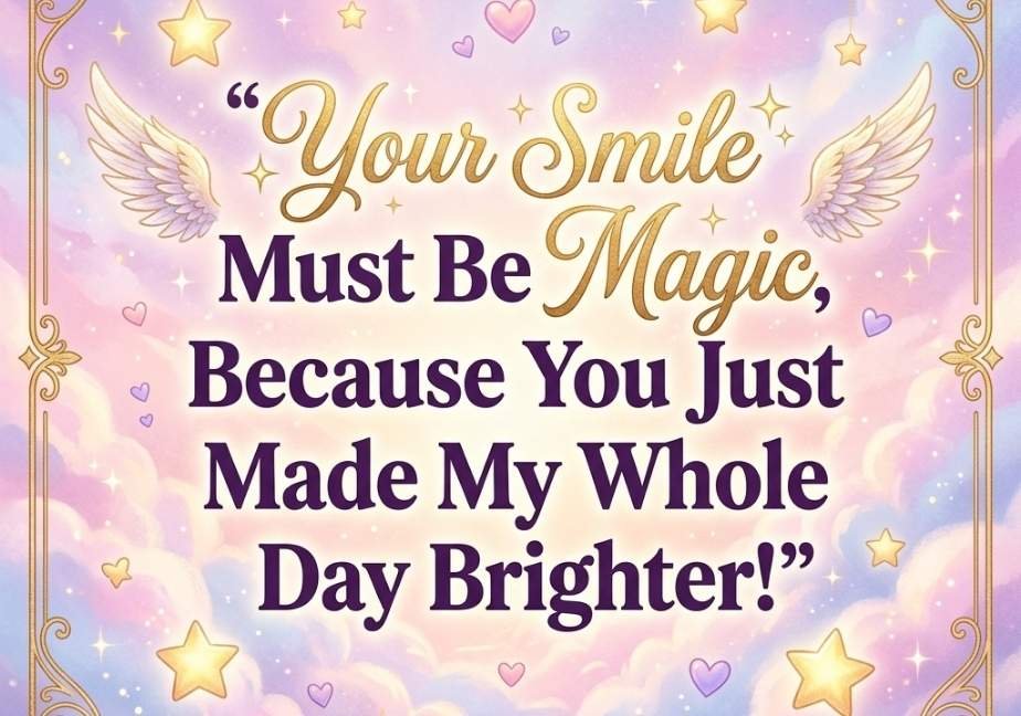 "Pastel pink and lavender cloud graphic with glowing stars, angel wings, and gold borders featuring the quote: 'Your Smile Must Be Magic, Because You Just Made My Whole Day Brighter!'"