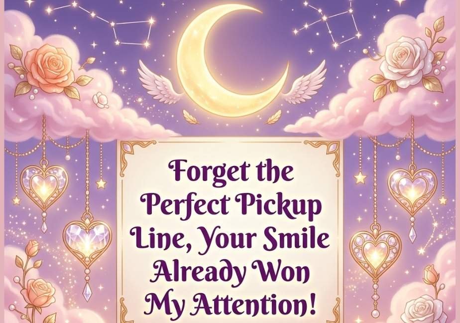 "Fantasy celestial graphic with a golden moon, hanging heart lanterns, and roses around the quote: 'Forget the Perfect Pickup Line, Your Smile Already Won My Attention!'"