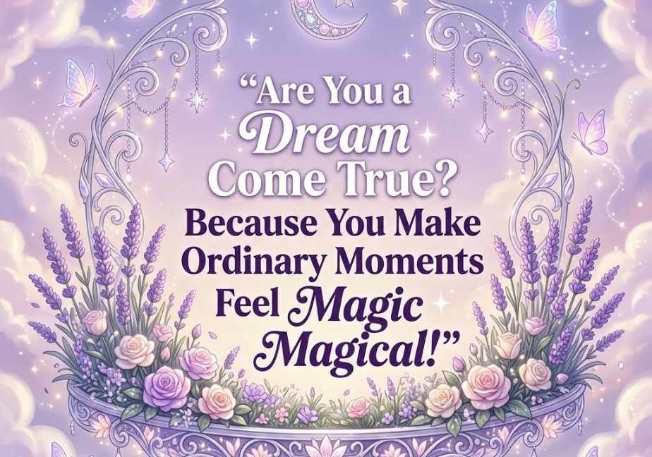 "Enchanted lavender garden with glowing butterflies and crescent moon with the quote: 'Are You a Dream Come True? Because You Make Ordinary Moments Feel Magical!'"